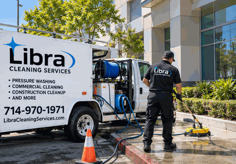 Pressure washing worker and equipment beside a Libra service van